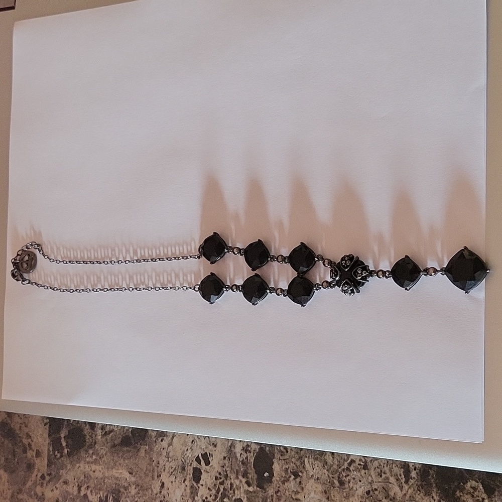 Crown Trifari Jet Black Crystal Gun Metal Lariat Necklace